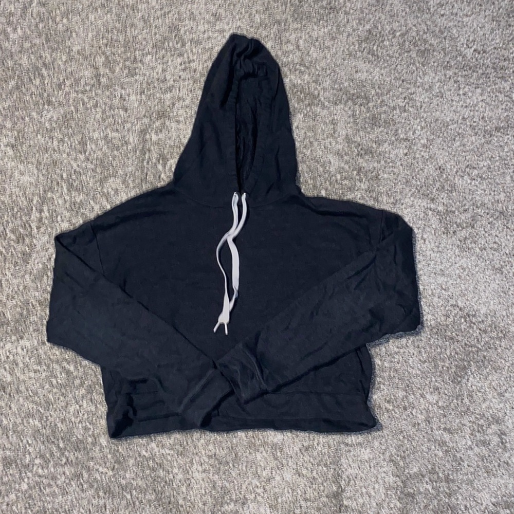 Forever 21 crop hoodie, dark grey with white pull strings.